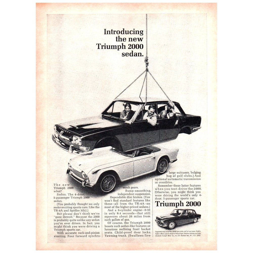 1966 Introducing the Triumph 2000 Sedan Vintage Print Ad Wall Decor Classic Car